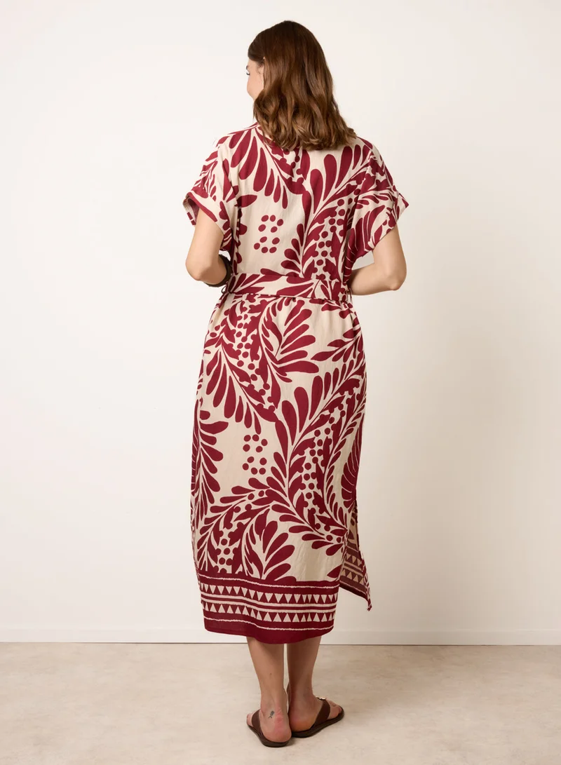 بلو فانيلا Tropical Leaf Print Belted Shirt Dress